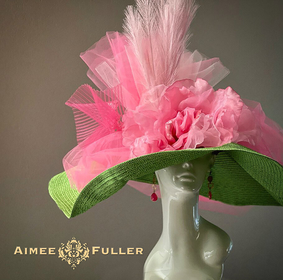Kentucky Derby Hat Apple Green Big Wide Brim Giant Pink Rose  display picture 1