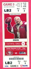 9/11/11 RICHARD SHERMAN/DOUG BALDWIN/JIM HARBAUGH (COACH) NFL DEBUTS FULL TICKET