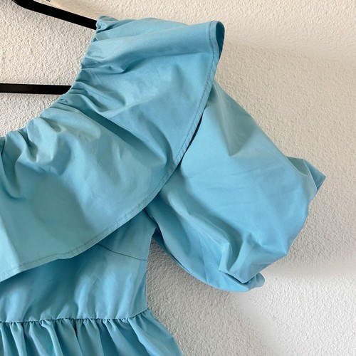Forever 21 Women Ruffle Top Large NWT Peplum One Shoulder Puff Sleeve Turquoise - Picture 2 of 6