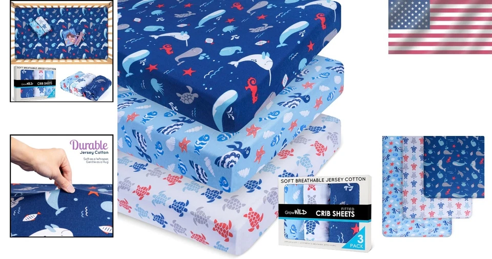 Versátil Juego de Sábanas para Cuna Bebé Niño - 3 Sábanas Tejidas Jersey Temática Oceánica, 52" x 28" Foto 2 de 4