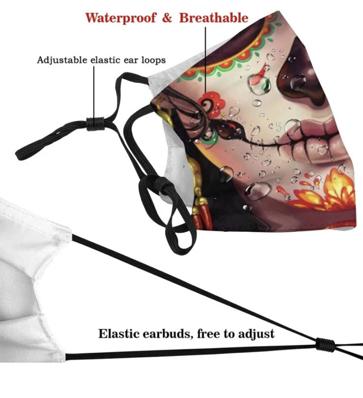 2Pcs Cloth Face Mask, Sugar Skull Masks Washable - Image 4 of 4