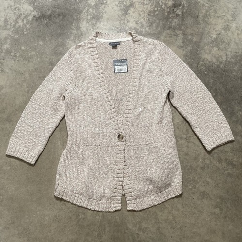Eddie Bauer Sweater Womens Size Large Oyster Tan 3/4 Sleeve One Button Cardigan