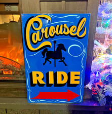 HAND PAINTED Carnival Sign Art CAROUSEL Merry go round Amusement Park Pony RIDE