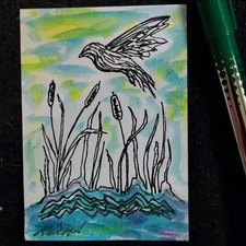 *ACEO Bird Over Cattails, Line Drawing Watercolor by R Geist 