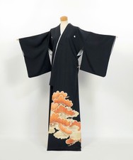 Vintage Silk Kurotomesode Kimono Black Yuzen Pine Tree Japanese Formal 2610026