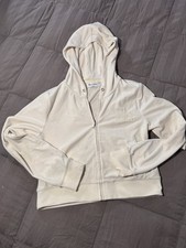 Juicy Couture Women  s White Velour Full Zip Hooded Hoodie Pockets Size L