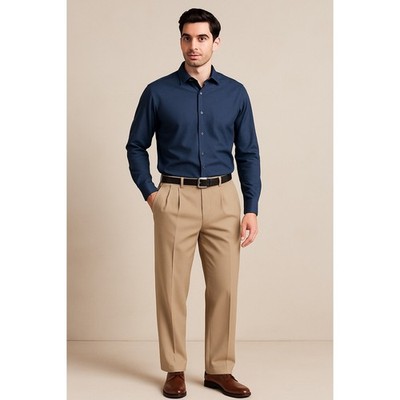 Crazy Horse Mens Tan Pleated Dress Khaki Cuffed Classic Fit Trousers Old Money
