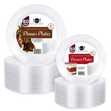 100 Clear Plastic Plates for Party - Heavy Duty Disposable Set of 50 Dinner a...