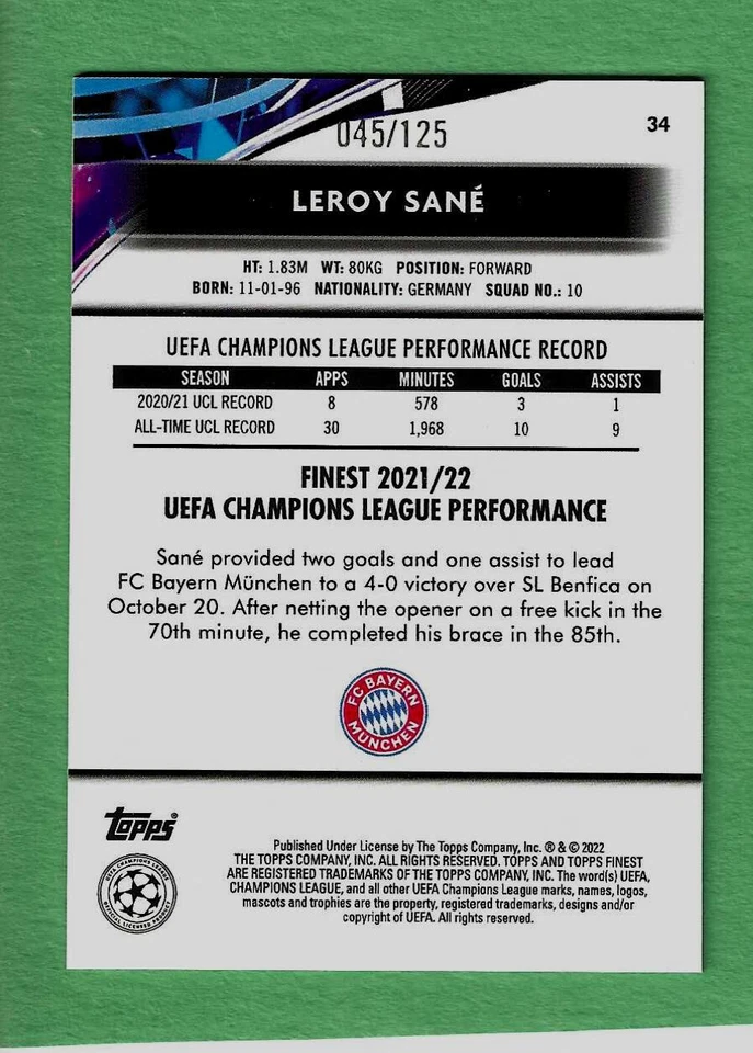 Leroy Sane 2021-22 Topps Finest 34 PURPLE PINK REFRACTOR /125 Bayern Germany - Image 2 of 2