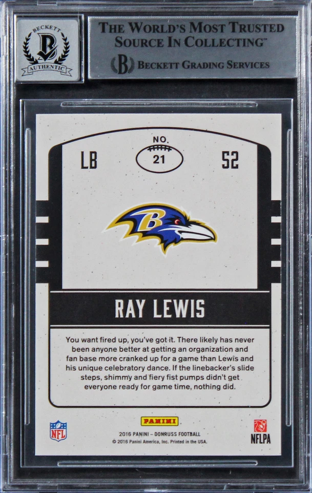 Ravens Ray Lewis Signed 2016 Donruss #21 Card Auto Graded 10! BAS Slabbed - Image 2 of 2