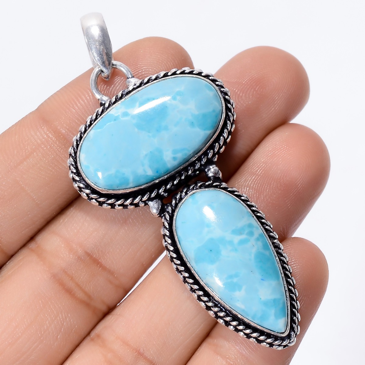 Lab-Created Larimar Gemstone 925 Silver Handmade Pendant 2.4