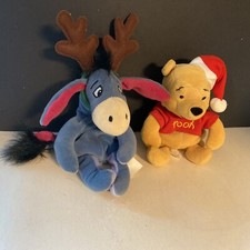 Disney Pooh Christmas Santa and Eeyore Reindeer Beanie Bean Bag Plush Retired