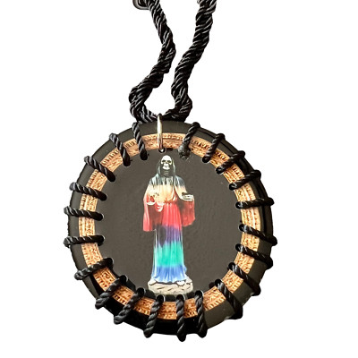 Santa Muerte Scapular Necklace Black Knotted Rope Wood 7 Powers Santisima