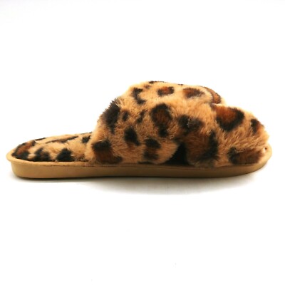 Womens Slide Slipper Brown Leopard Print Faux Fur Cross Straps Sz
