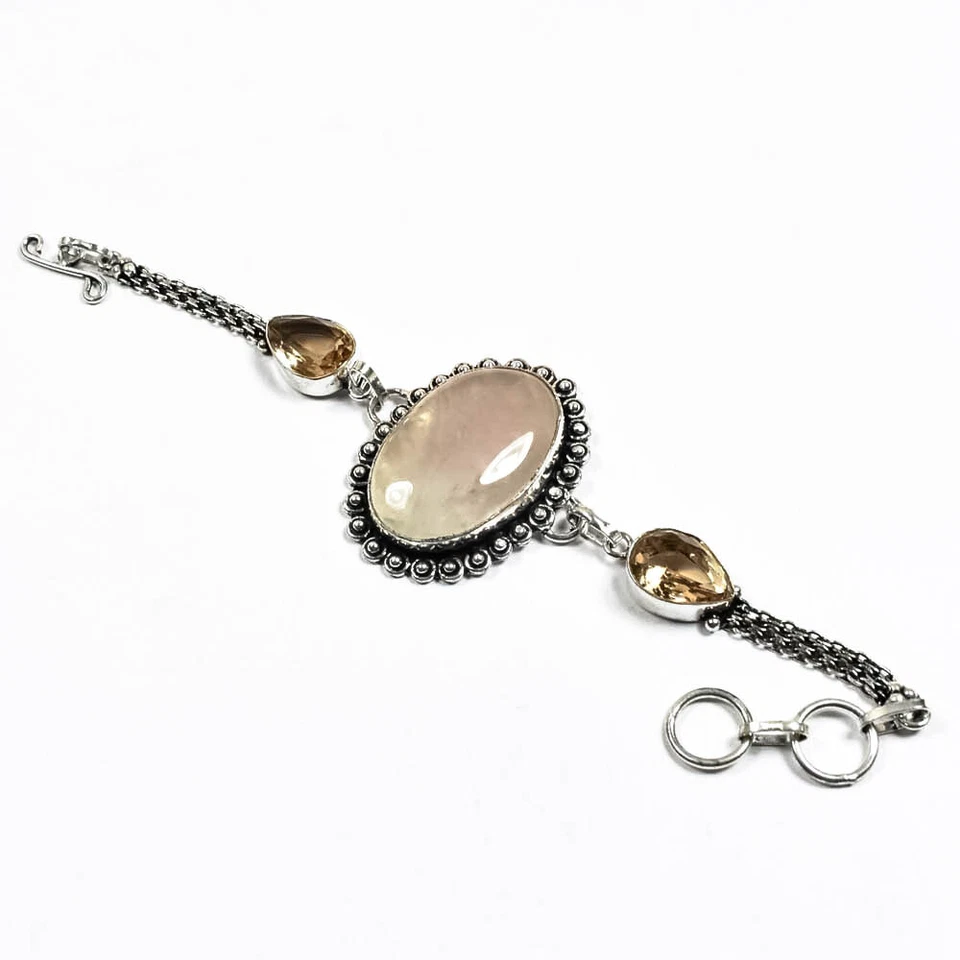 Rose Quartz & Morganite 925 Silver Jewelry Bracelet 7-8" A-1 I701 - Image 3 of 4