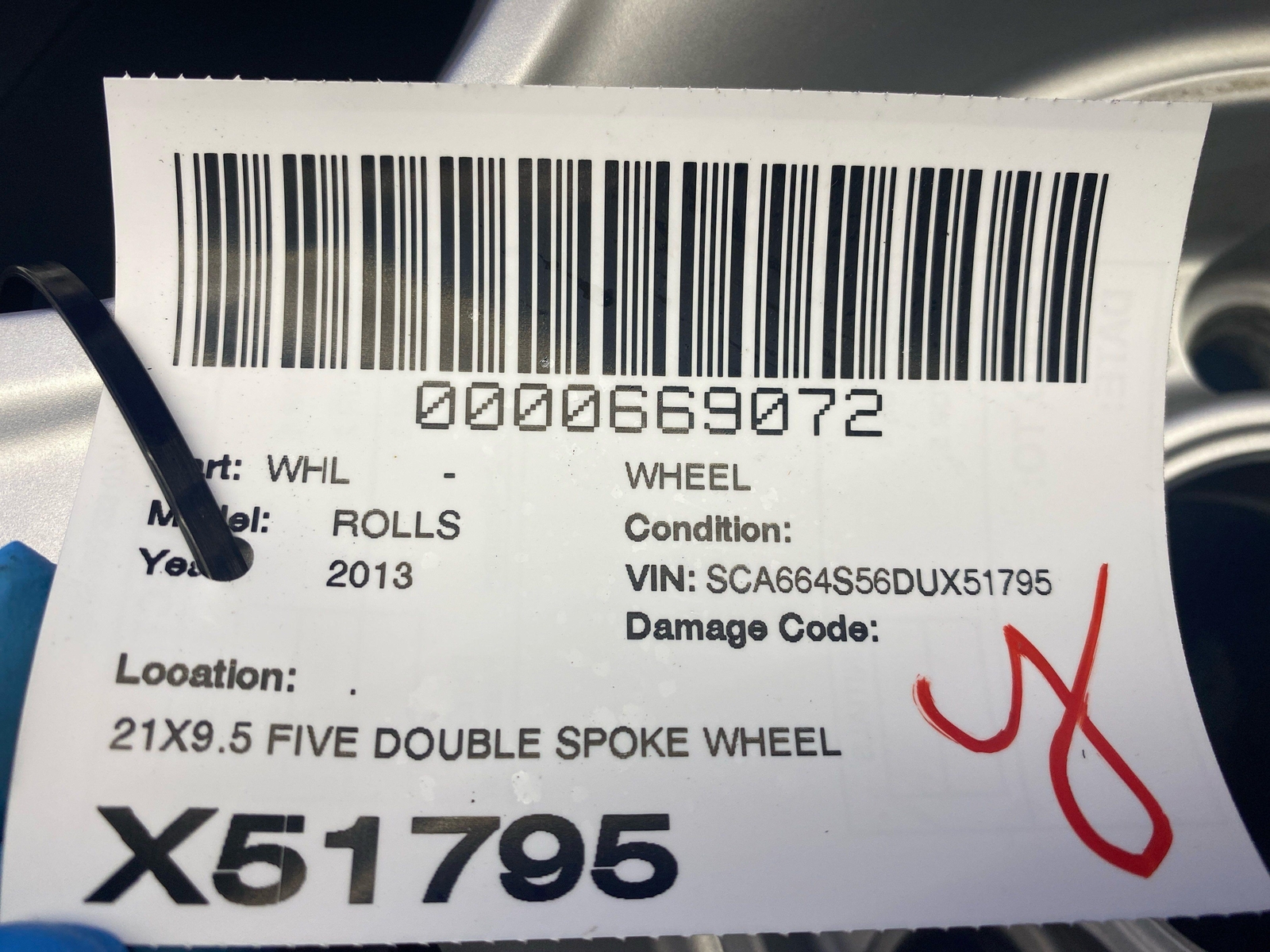 2009-2014 ROLLS ROYCE GHOST 21X9.5 FIVE DOUBLE SPOKE WHEEL RIM SILVER *GOUGES*