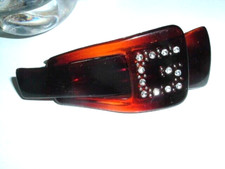 VINTAGE TORTOISE LUCITE WHITE RHINESTONE GOLDEN PEGS BUCKLE HAIR BARRETTE 3.5"