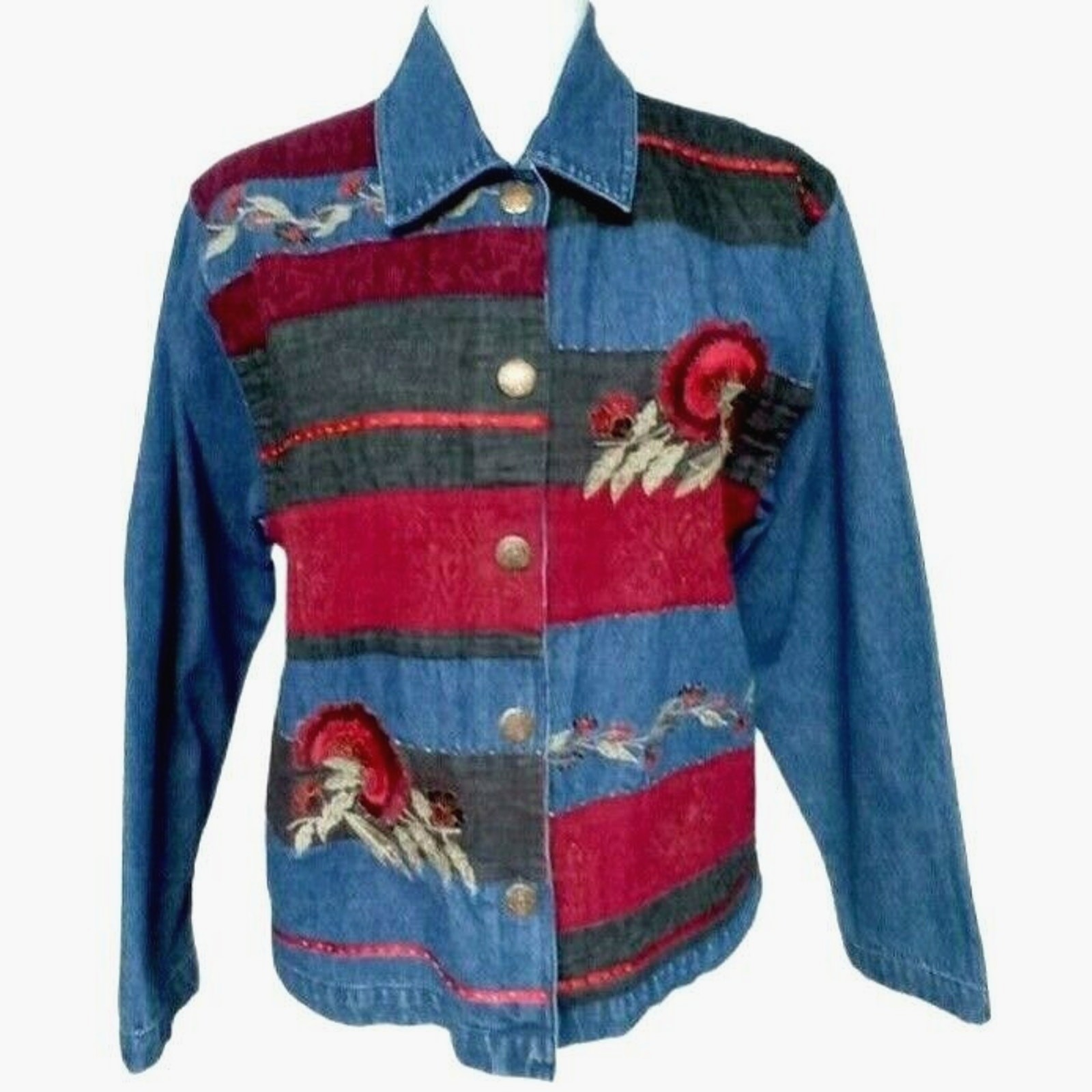 Vintage Patchwork Jean Jacket Blazer Embroidered … - image 7