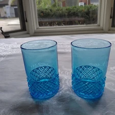 2 Vintage L.G. Wright Blue Daisy & Button 3 5/8"  Tumblers