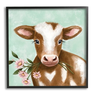 Stupell Industries Baby Brown Cow Soft Eyes Pink Daisy Florals, Designed by E...
