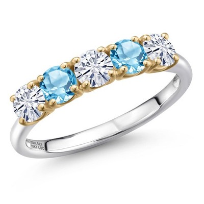 925 Silver and 10K Yellow Gold White Moissanite and Swiss Blue Topaz