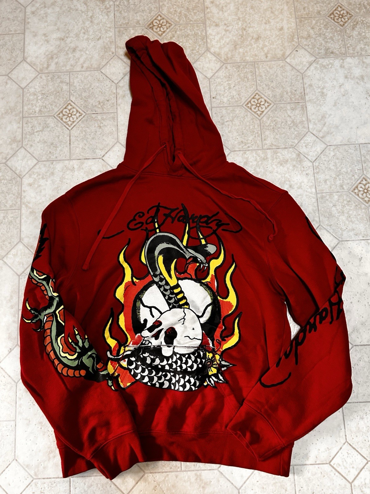 Ed Hardy Red Fleece Skull Graphic Hoodie Men's Medium Pullover Hooded