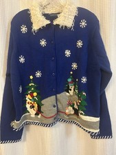 Vntg Karen Scott Women's Blue Winter Christmas Penguin Button Up Cardigan XL