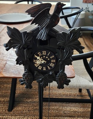 Working 2-Weight Driven Poppo Tezuka Black Cuckoo Chime Clock Japan Vintage