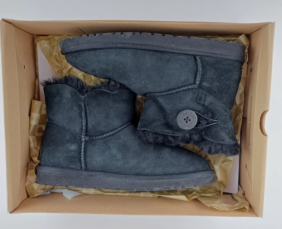 Boxed UGG Mini Bailey Button II Boots Black Sheepskin Suede Size 6.5, photo 1 of 5