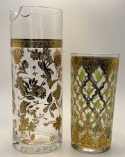 Culver Chantilly MCM Martini Pitcher & Valencia Green Highball 22K Gold Signed