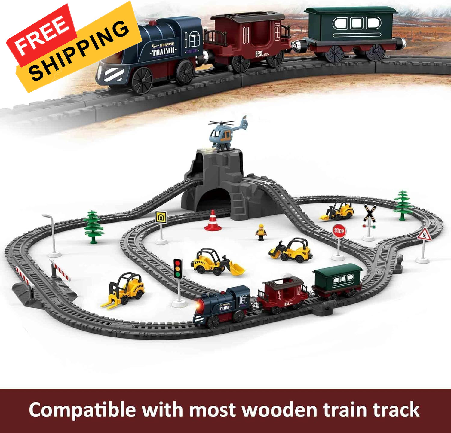 Battery Operated Train for Wooden Track, 3Pcs Motorized Toy 3 4... 