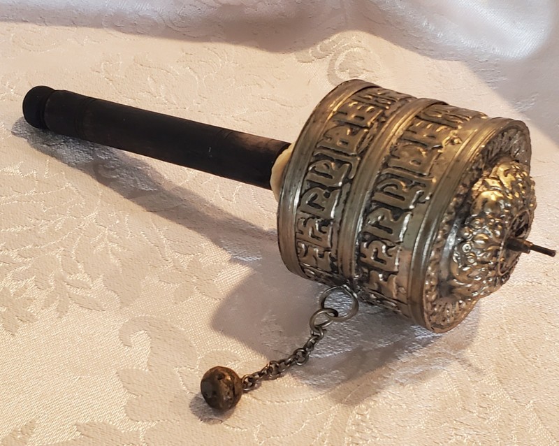 Antique Tibetan Buddist Prayer Wheel Hand Held With Four Prayer Mantra/Scrolls