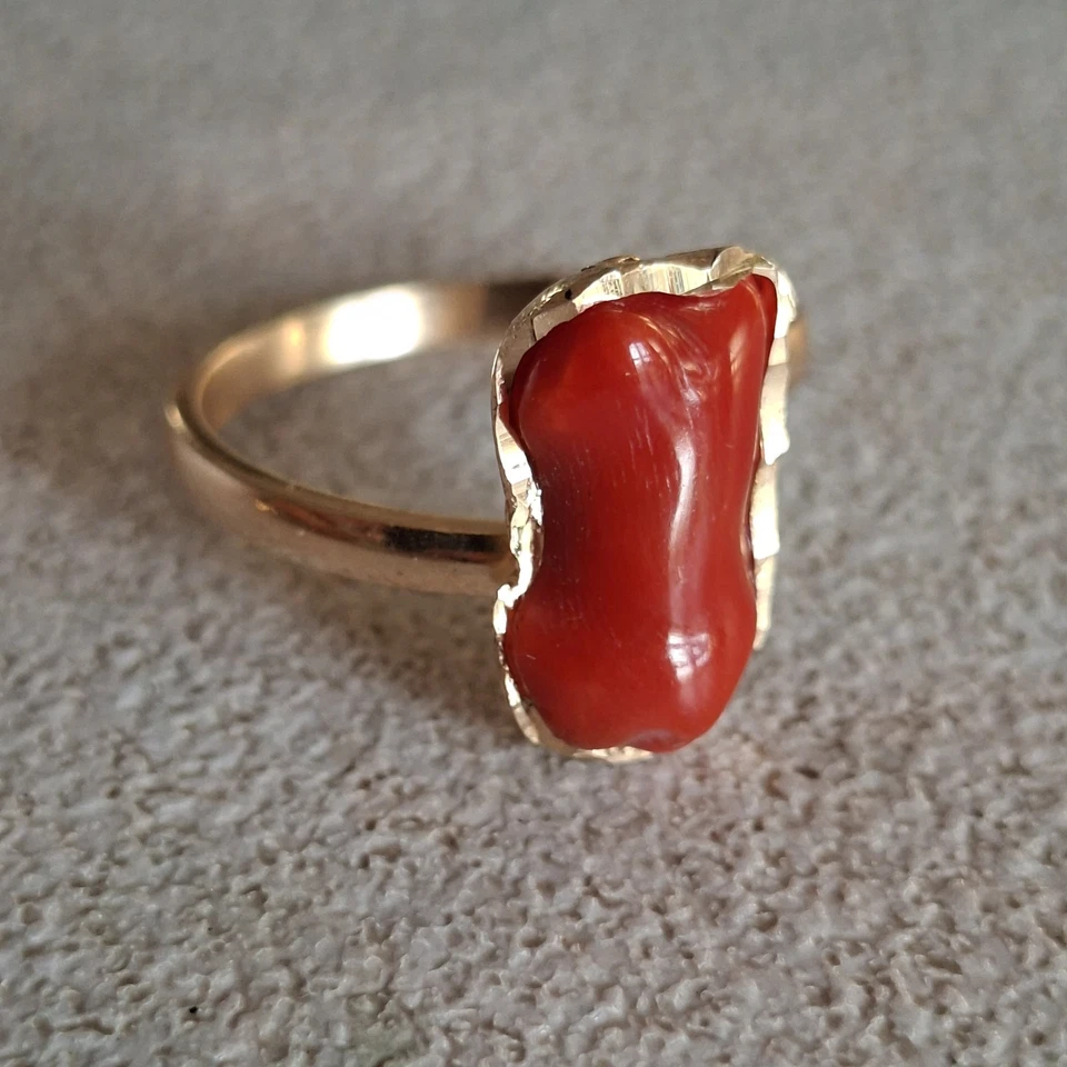 Anello vero corallo Antico ROSSO Di Sardegna Argento 925 Oro Giallo 18 KT - Immagine 3 di 4