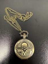 Cool 2nd Amendment Bronze Skull Quartz Pocket Watch With Chain Runs Great 