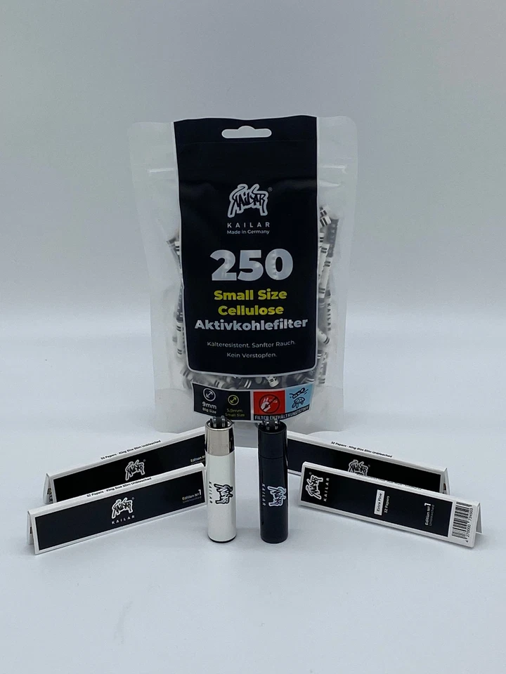 Kailar Cellulose Slim Aktivkohlefilter ø 6mm 250 St. schw/w + 4x Papier o. 1Feu.