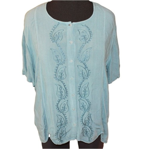 Camisa WOMAN WITHIN Azul 1X Plus Manga Corta Rayón Bordado Botón - Imagen 1 de 11