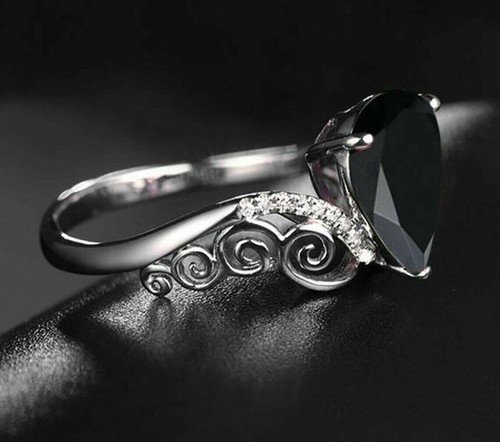 Anillo de boda solitario de diamantes negros simulados corte pera de 2 quilates de oro blanco de 14 k - Imagen 6 de 10