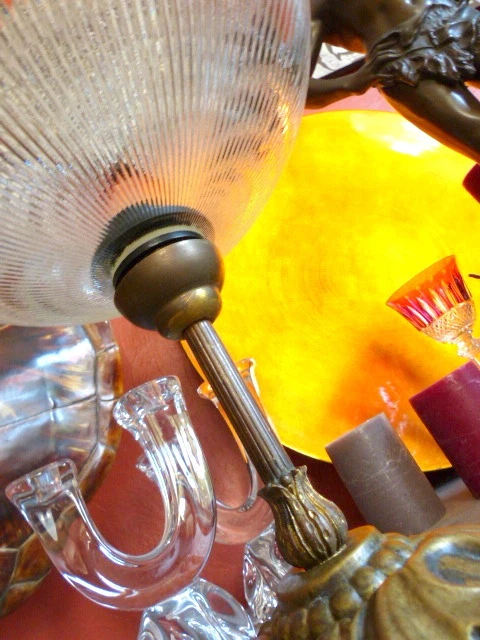 Superbe ancien suspension lustre globe vasque verre cristallin laiton doré 30cm - Photo 3/4