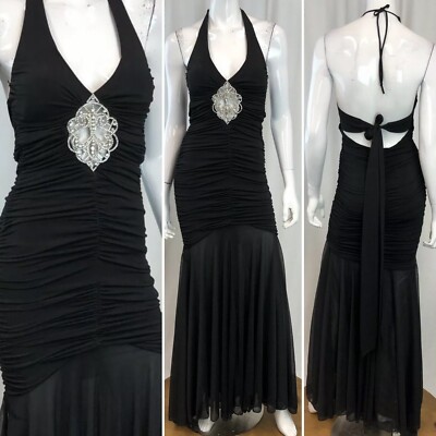 Cache 2 Black Halter Ruched Rhinestone Embellished Vintage Mermaid Maxi  Dress | eBay