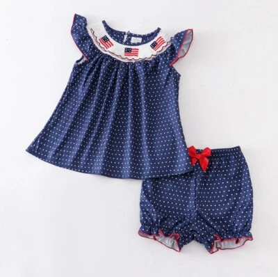 NEW Boutique 4th of July Girls Embroidered US Flag Smocked Tunic & Shorts Outfit - Image 1 of 4