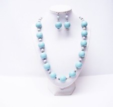 Large Round Pastel Aqua Wood Bead Necklace/Earrings