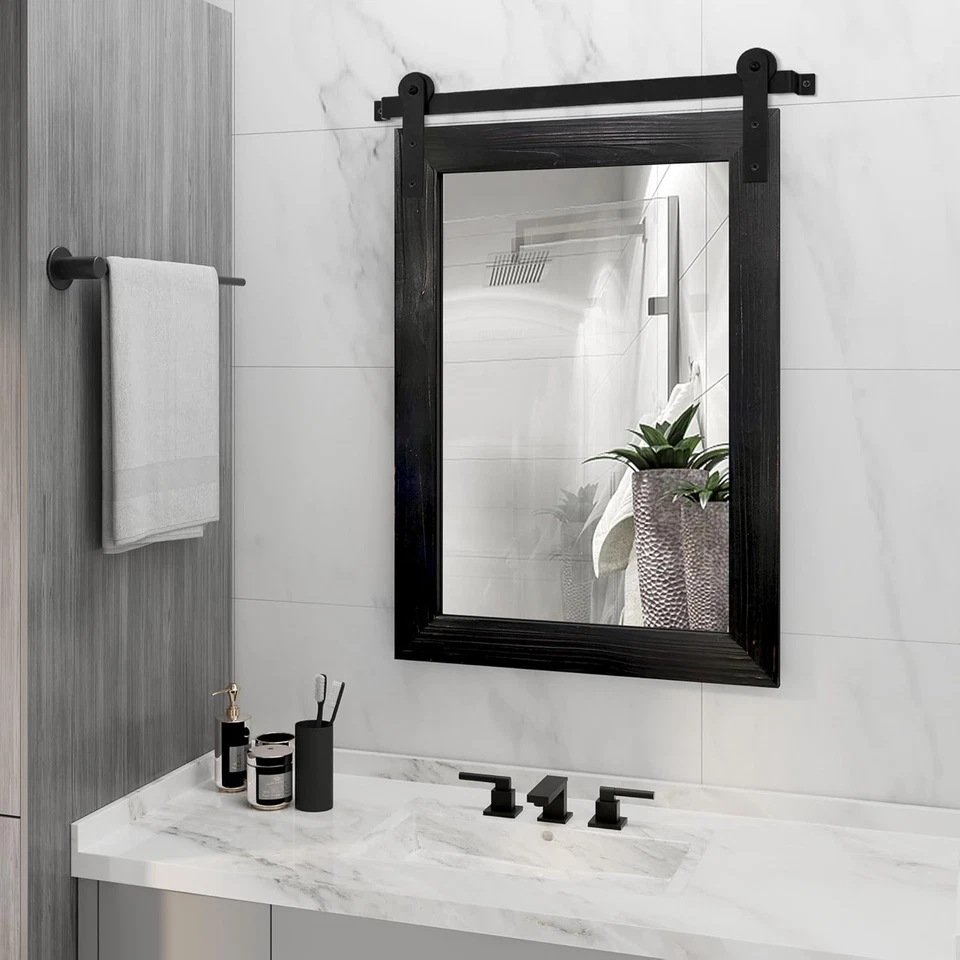 Farmhouse Barn Door Mirror - 21 X 30 Rustic Wood Framed Wall Mirror for Bathroom - Image 3 of 4