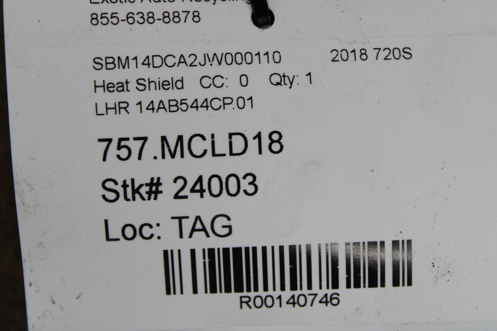 McLaren 720S, LH, Left, Rear Under Body Panel, Used, P/N 14AB544CP