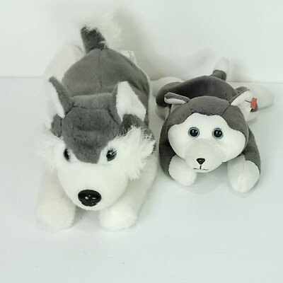 #ad #ad TY husky Laying Down Grey White Puppy Dog Plush Stuffed Animal 10quot; L Lot Of 2 $18.69