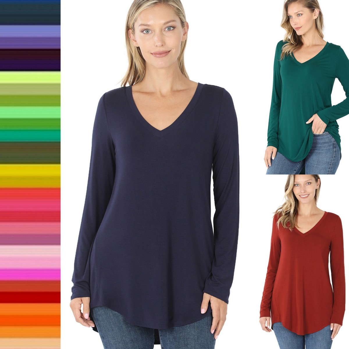 Women's V-Neck Long Sleeve T Shirt Hi-Low Hem Luxe Rayon
