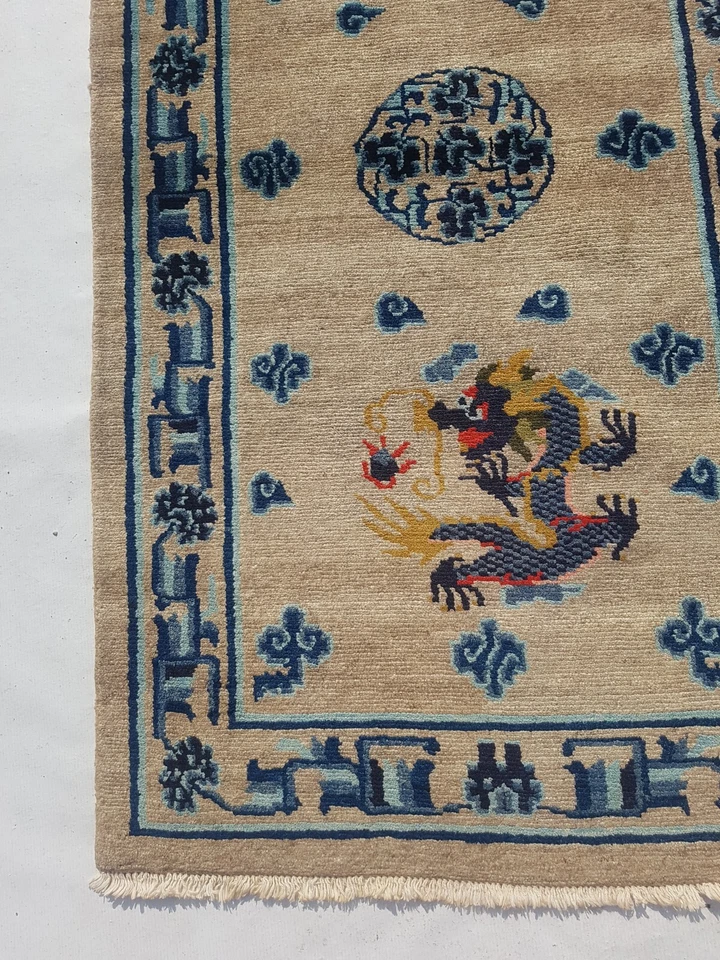 Antique Tibetan Dragons Blue Handmade Beautiful Wool Rug Carpet 165x90cm - image 3 of 4