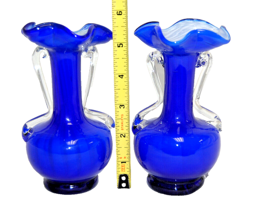 Hand Blown Blue/White Bud Vases with Clear Handles 5 1/2" High Lot of 2 T1952 - Picture 11 of 15