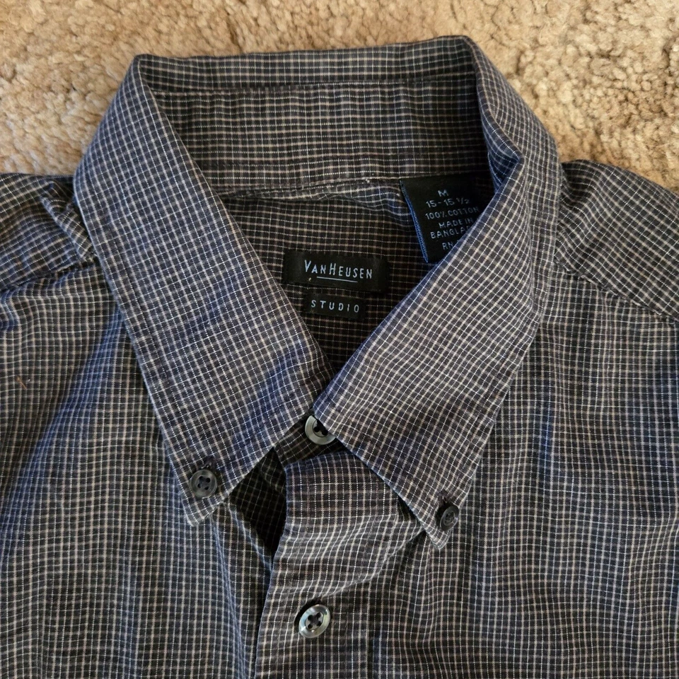 Camisa de vestir Van Heusen para hombre manga larga con botones negra a cuadros talla 15-15 1/2 Foto 4 de 4