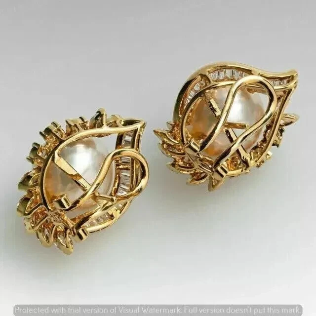3Ct Round Cut Natural White Pearl Omega Back Stud Earring 14K Yellow Gold Plated - Image 4 of 4