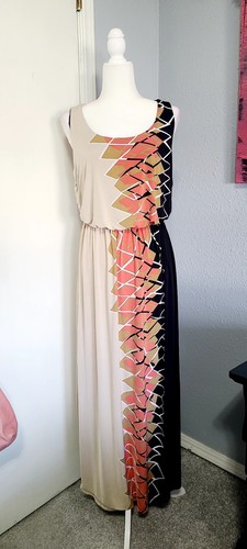 Black Coral Beige Maxi Blouson Dress Size L Style & Co Abstract / Geometric - Picture 10 of 13